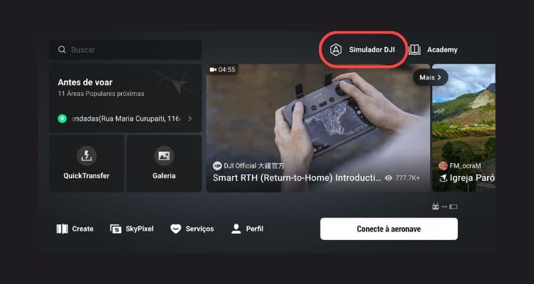 DJI Fly (DJIFLY) rodando no smartphone conectado a um rádio DJI RC-N sem tela