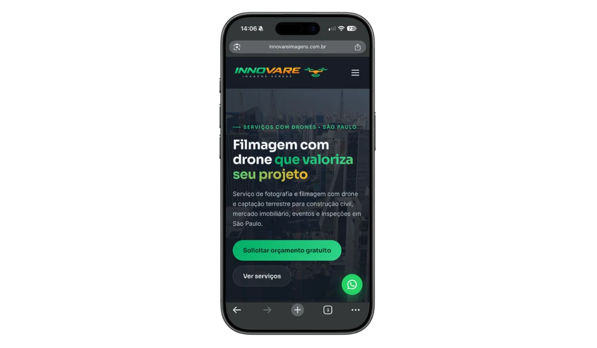 Site da Innovare Imagens Aéreas no celular