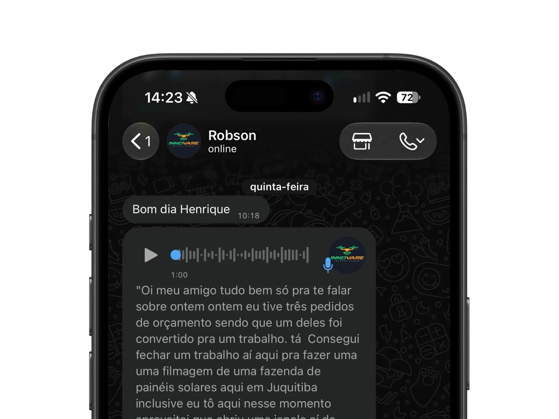 Mensagem de WhatsApp do Robson, da Innovare, relatando novos pedidos de orçamento